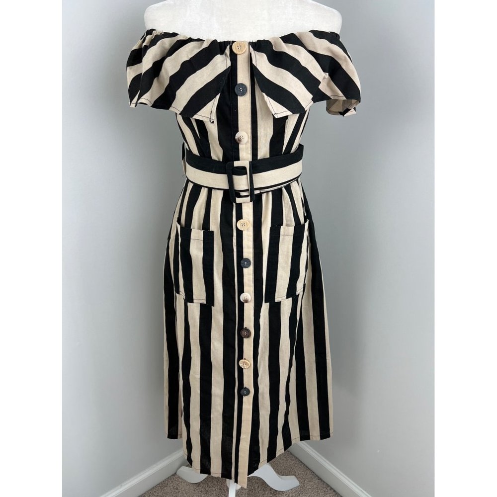 Moon River Black and Cream Off-Shoulder Midi Dress with Belt